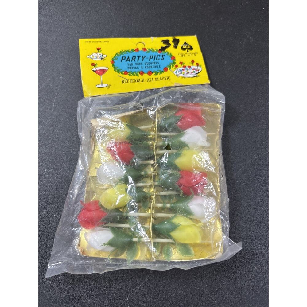 Vtg "Party Pics" For Hors D'Oevres Snacks & Cocktails Plastic Rose Tips 4”